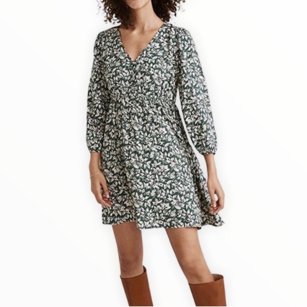Madewell V-Neck Button-Front Mini Dress in Forest Leaves